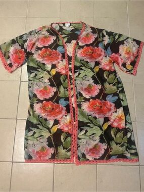 LuLaRoe Black Floral Swim Coverup with Coral Trim